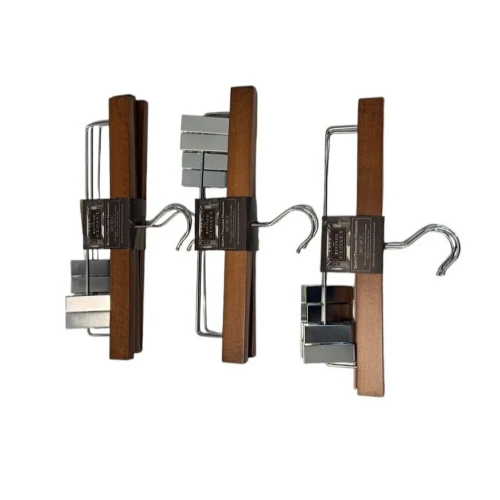 The Refined Closet Wooden Metal Clamp Hangers Pants Trousers Lot of 3 NEW